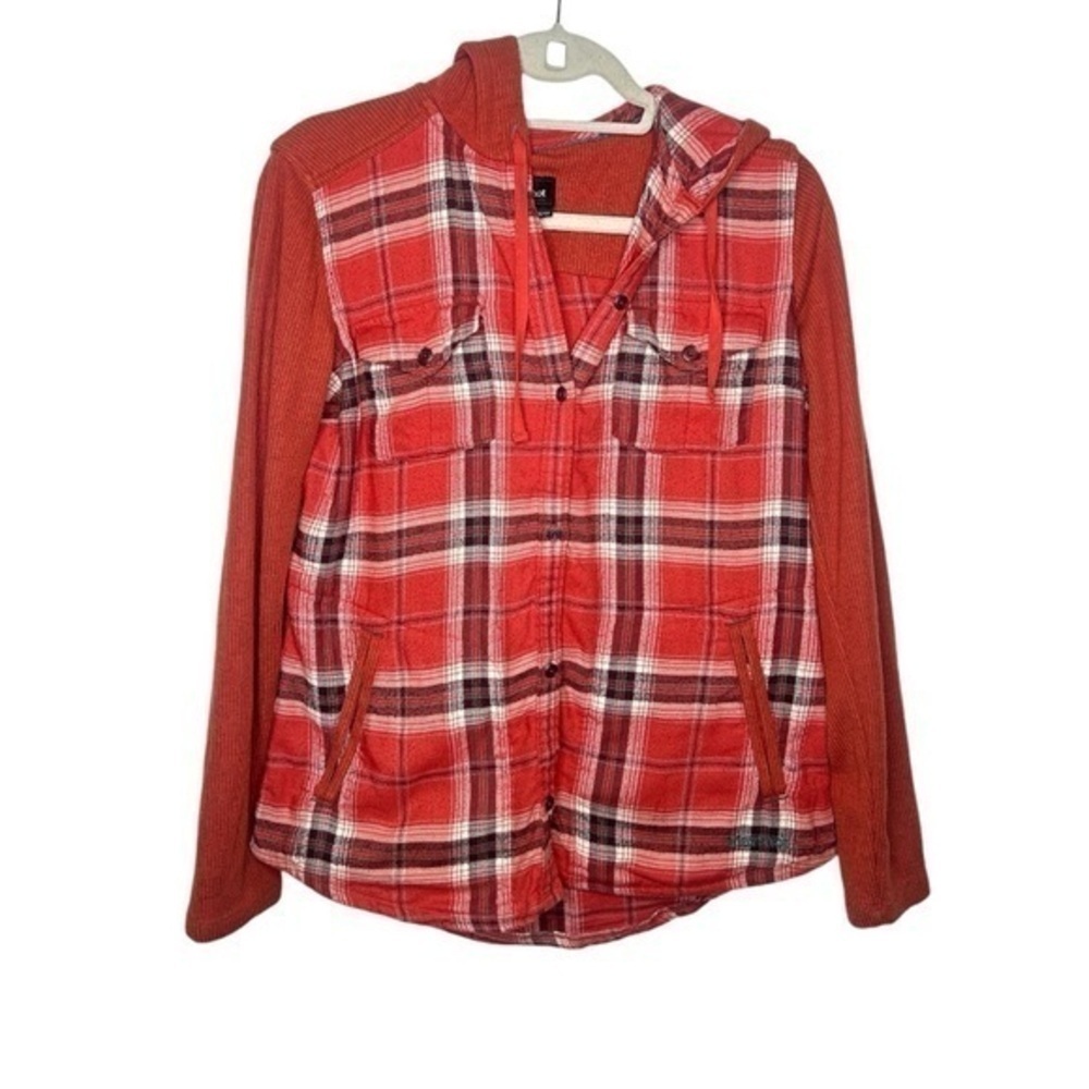 Marmot Red Plaid Button-Down Shacket with Hood - Size M